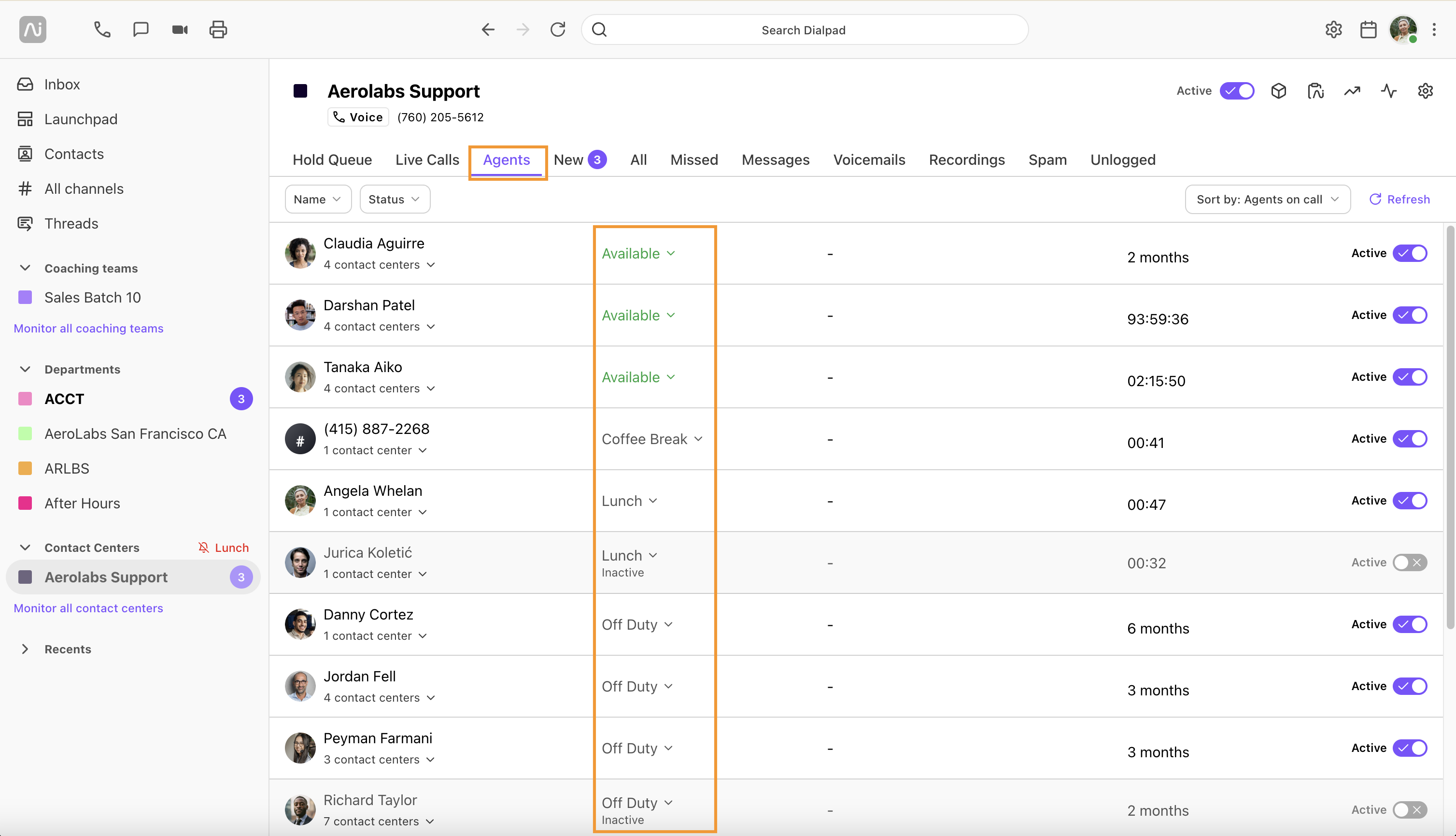 Display showing support agents' status, including any custom statuses created. Status can also be changed in this view